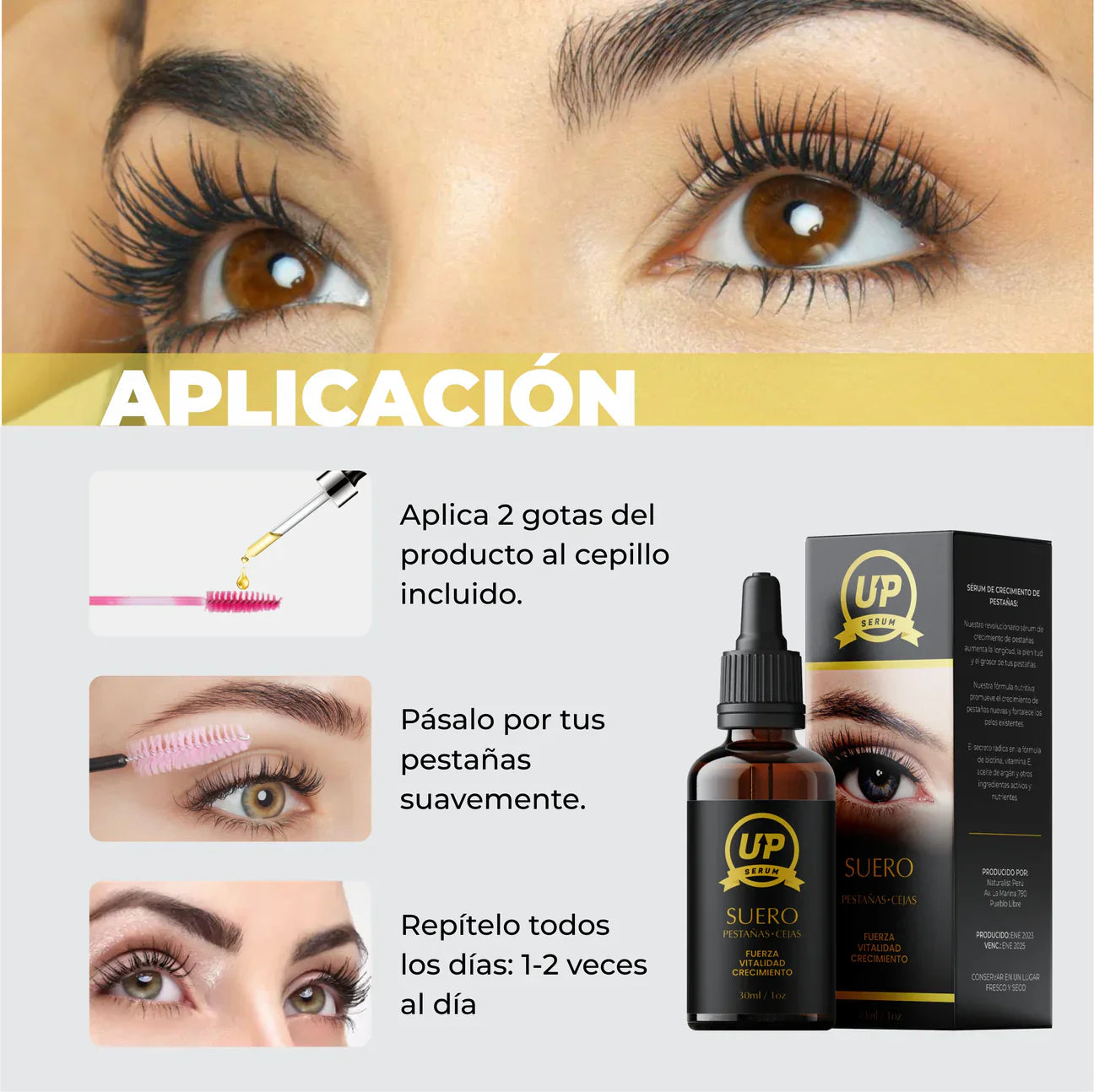 Suero UP crece pestañas 30ml - Tratamiento Fortalecedor y Alargador para Pestañas y Cejas - Potenciador de Pestañas con Ingredientes Naturales - Suero para el crecimiento y el grosor de las pestañas y cejas