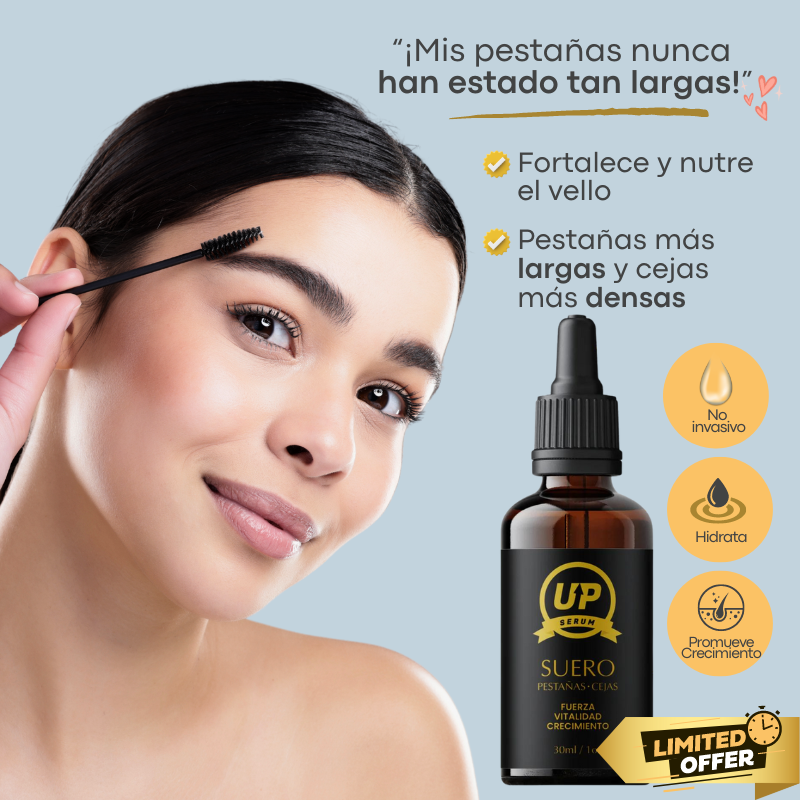 Suero UP crece pestañas 30ml - Tratamiento Fortalecedor y Alargador para Pestañas y Cejas - Potenciador de Pestañas con Ingredientes Naturales - Suero para el crecimiento y el grosor de las pestañas y cejas