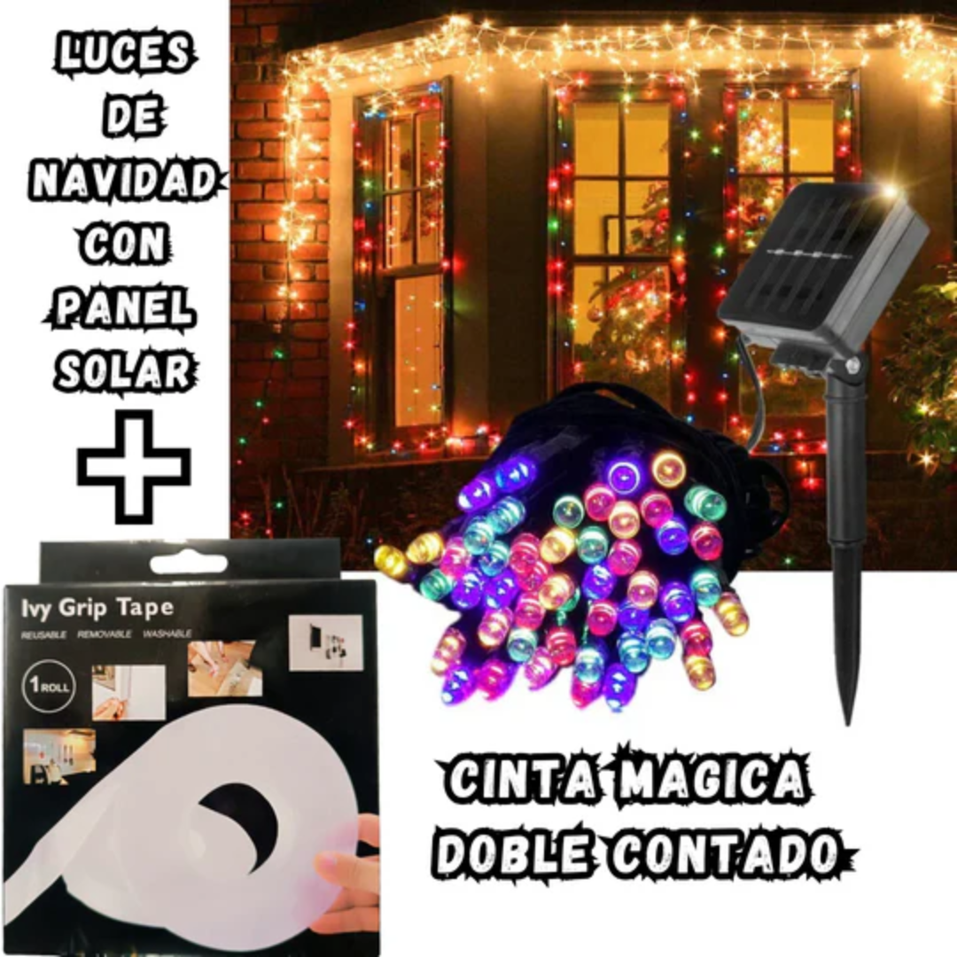 NUEVAS LUCES NAVIDEÑAS CON PANEL SOLAR + CINTA MAGICA DOBLE CONTACTO